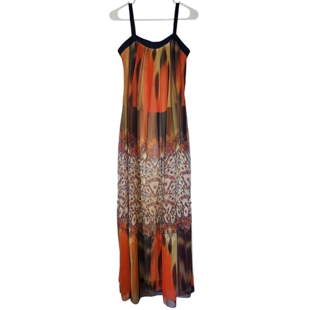 7321 * Bebe Chiffon Maxi Dress Flowing Navy Blue Orange Size 4 NWT